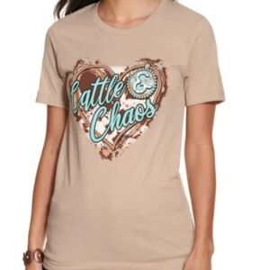 LuLu Mac Tan Turquoise & Cowhide Heart Cattle & Chaos Graphic Tshirt 2X NWOT